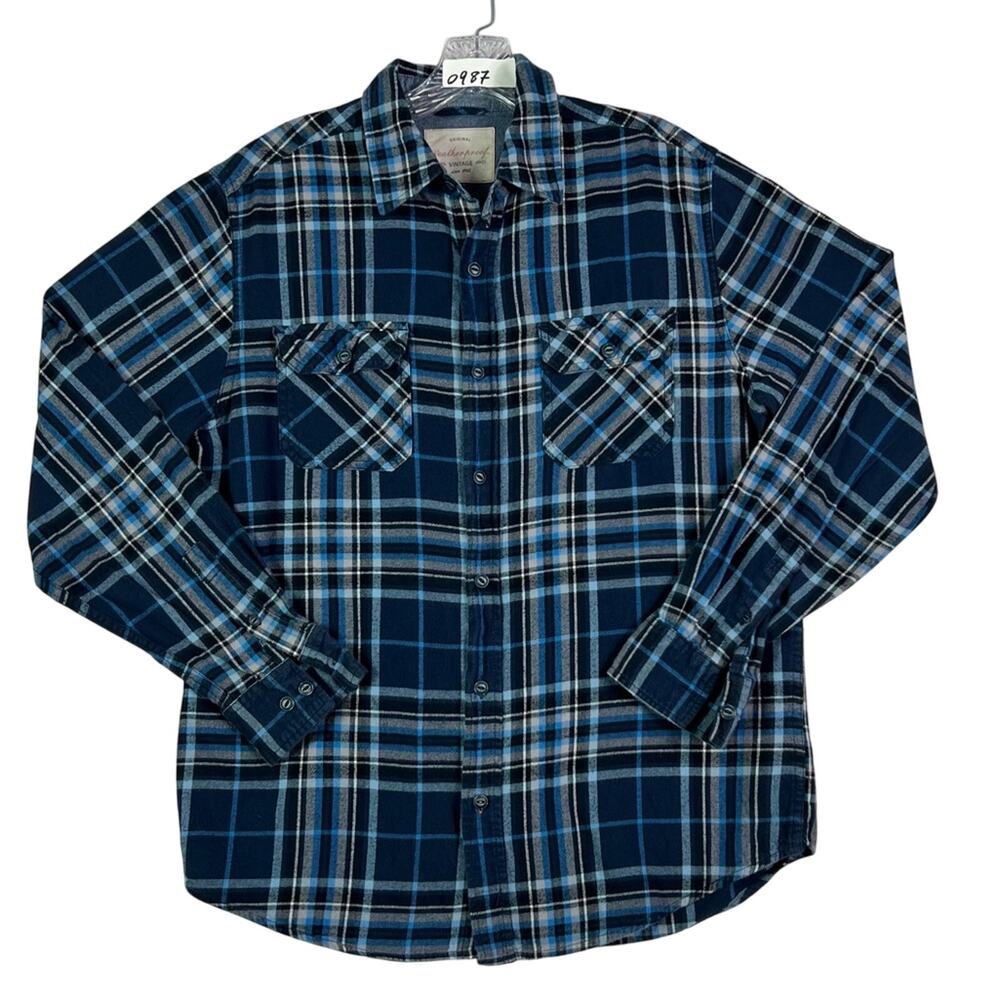 Original Weatherproof Flannel Shirt Men's Size Medium Blue Plaid Button Down